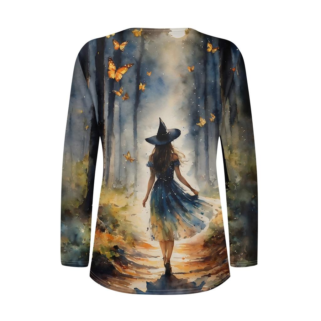 Langermede skjorter for kvinner Halloween-mønstret trykk grafisk t-skjorter bluser casual pluss størrelse basis topper genser