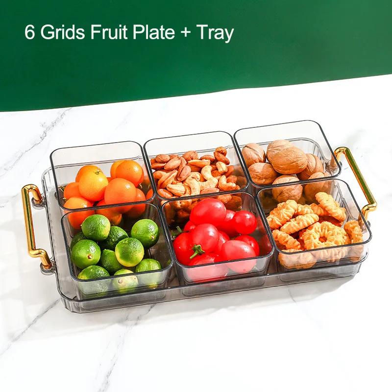Dried Fruit Plate 2/4/6 Grids Light Luxury Divided Fruit Plate Snack Dish Candy Nuts Household Plastic Tray Snack Dessert Tray