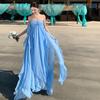 French Ruffle Edge Blue Holiday Neck Tube Top Dress Female Backless Birthday Date Dress