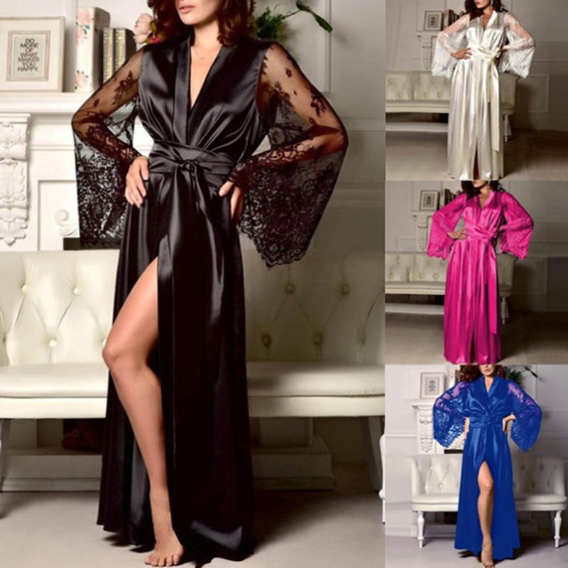 Women Lace Stitching Long Bathrobes Nightgown Soft Silk Dressing Gown Bath Robe Large Size Sexy Pajamas
