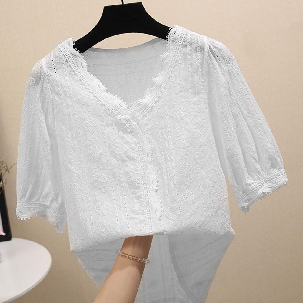 2019 Summer Embroidered Tops Cotton Fabric Blouse Embroidered Shirt Scallop Collar Short Sleeve Lace Elegant Cute Floral Pattern Thin Loose Fit