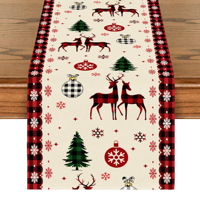 Linen Christmas Table Flag with Snowman & Santa Prints - Festive Table Mat Decorations