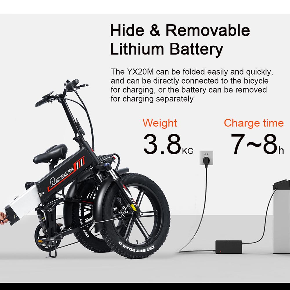 RANDRIDE Bicicletă electrică pliabilă 20*4.0 anvelope late Frâne pe disc duble Bicicletă electrică motor 1000W Suspensie completă bicicletă electrică YX20M