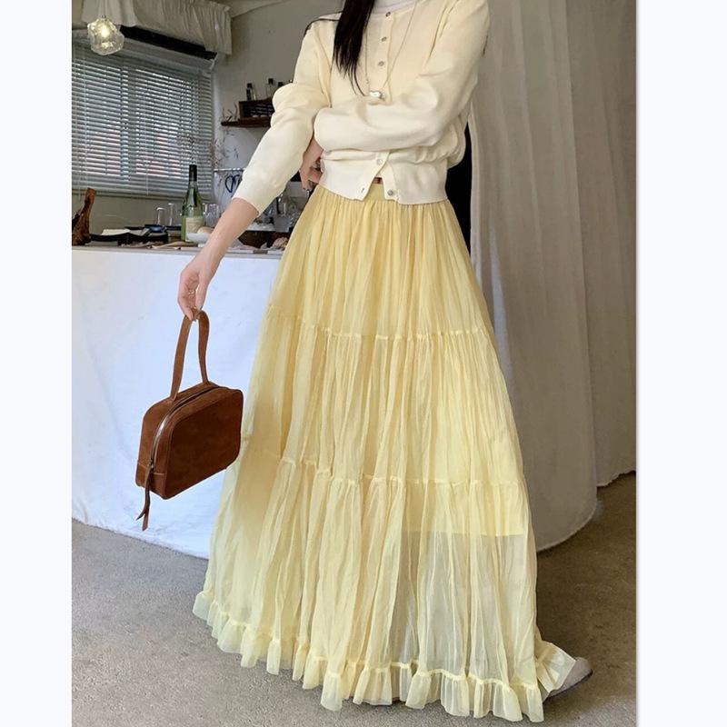 Spring 2026 Women's High-Waisted Ruffled Mesh A-Line Maxi Skirt - Gentle & Slimming