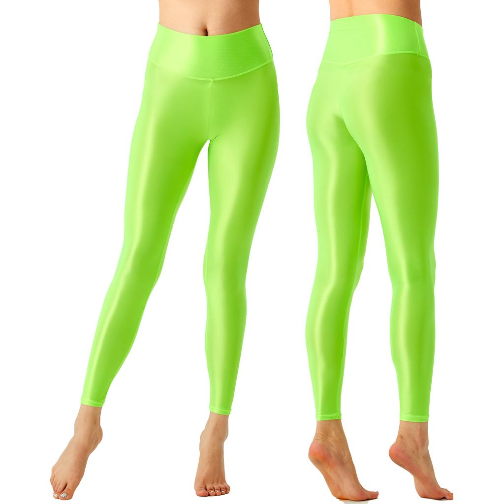 M-XL Damen Leggings mit breitem elastischem Bund Unifarbene glänzende dehnbare Hosen für Yoga Pilates Workout Bodybuilding