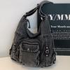 Denim Square Backpack Women Large Capacity Shoulder Bag Travel Tote With Zip Stitched Detail