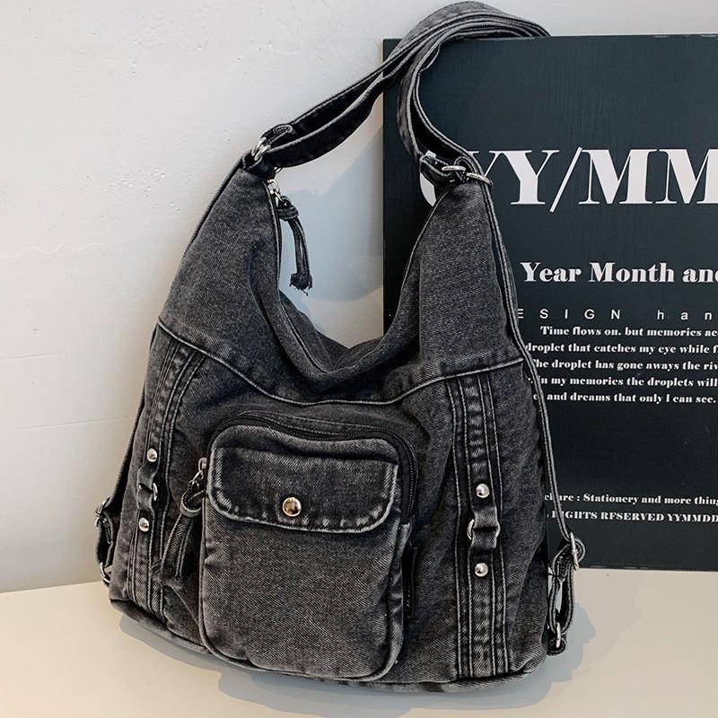 Denim Square Backpack Women Large Capacity Shoulder Bag Travel Tote With Zip Stitched Detail