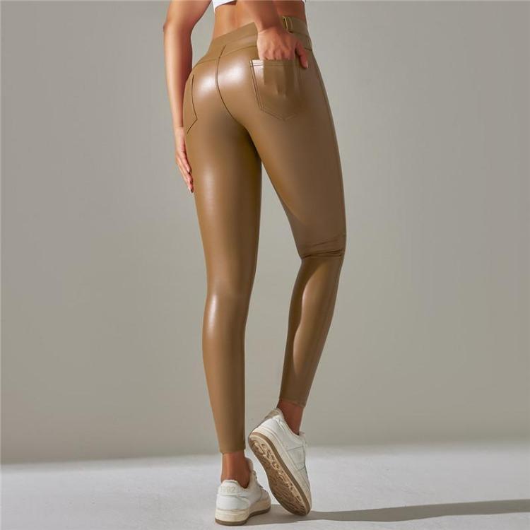 Teplé zimní PU kožené jógové kalhoty jednobarevné posilovací legíny s kapsami sportovní fitness legíny