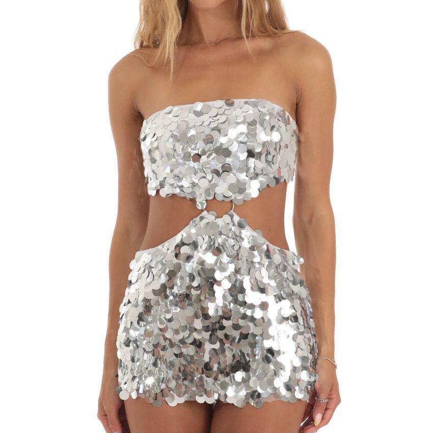 

Летнее женское платье со шнуровкой и пайетками – сексуальное, стильное, с короткой юбкой Extra Large серебряный