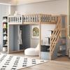 Multifunctional Loft Bed 90x200cm with Shelves, Storage Cabinet and Large Wardrobe, Safety Ladder with Storage Compartments, Gray + Raw Wood Color