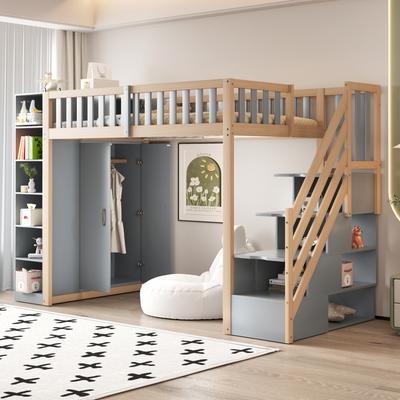 Multifunctional Loft Bed 90x200cm with Shelves, Storage Cabinet and Large Wardrobe, Safety Ladder with Storage Compartments, Gray + Raw Wood Color