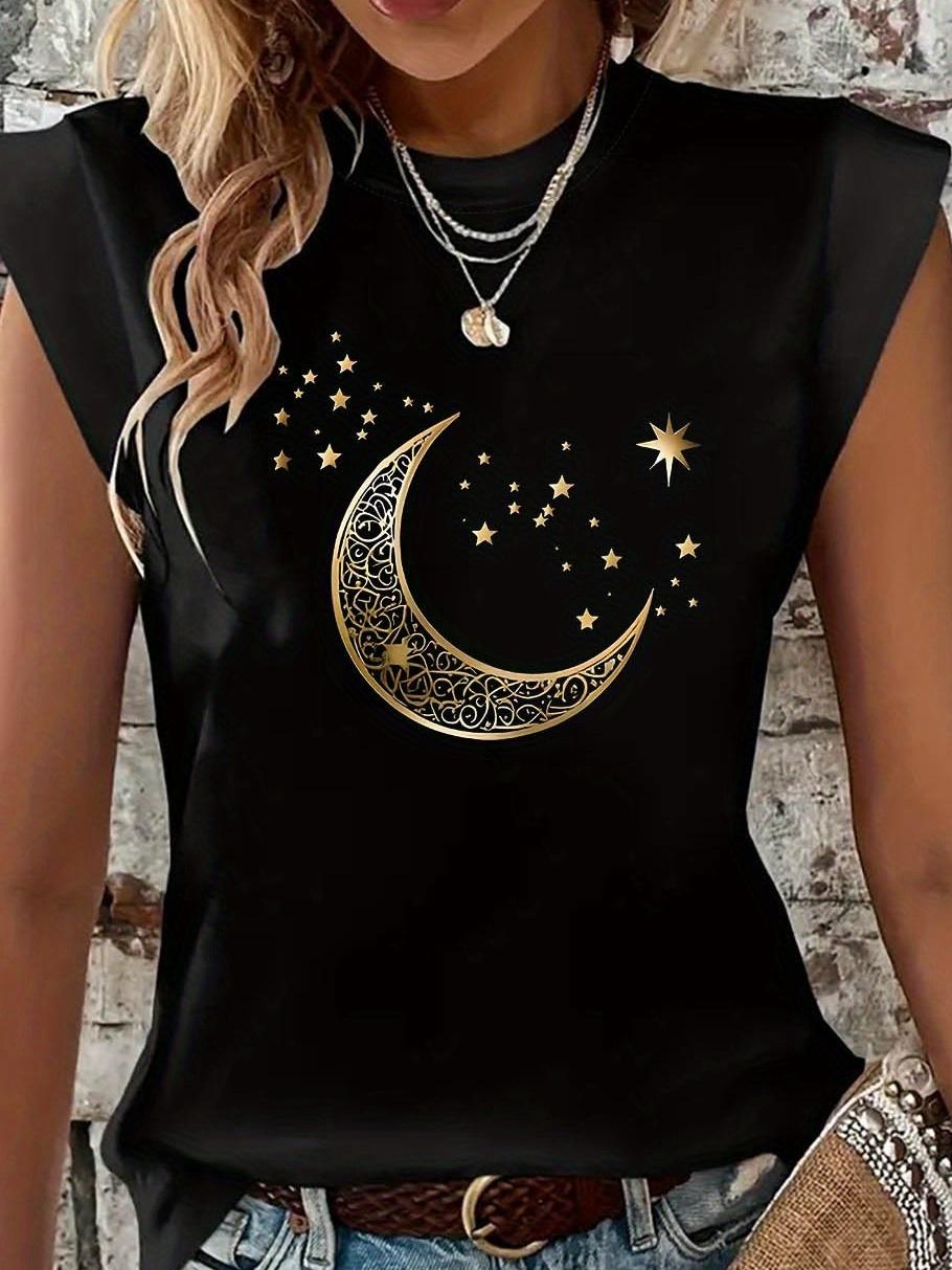 Golden Crescent Moon Star Print T-shirt L