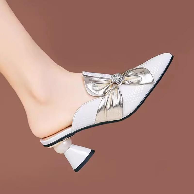 Spring Chinese-style Rhinestone Soft Leather Bow Slippers, Thick Heel Fashion Wear Versatile Semi-drag Sandals