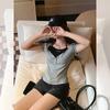 Navy Blue Fake Two-piece Neck Sling Short-sleeved T-shirt Women's Summer New Design Slim-fitting Short Top