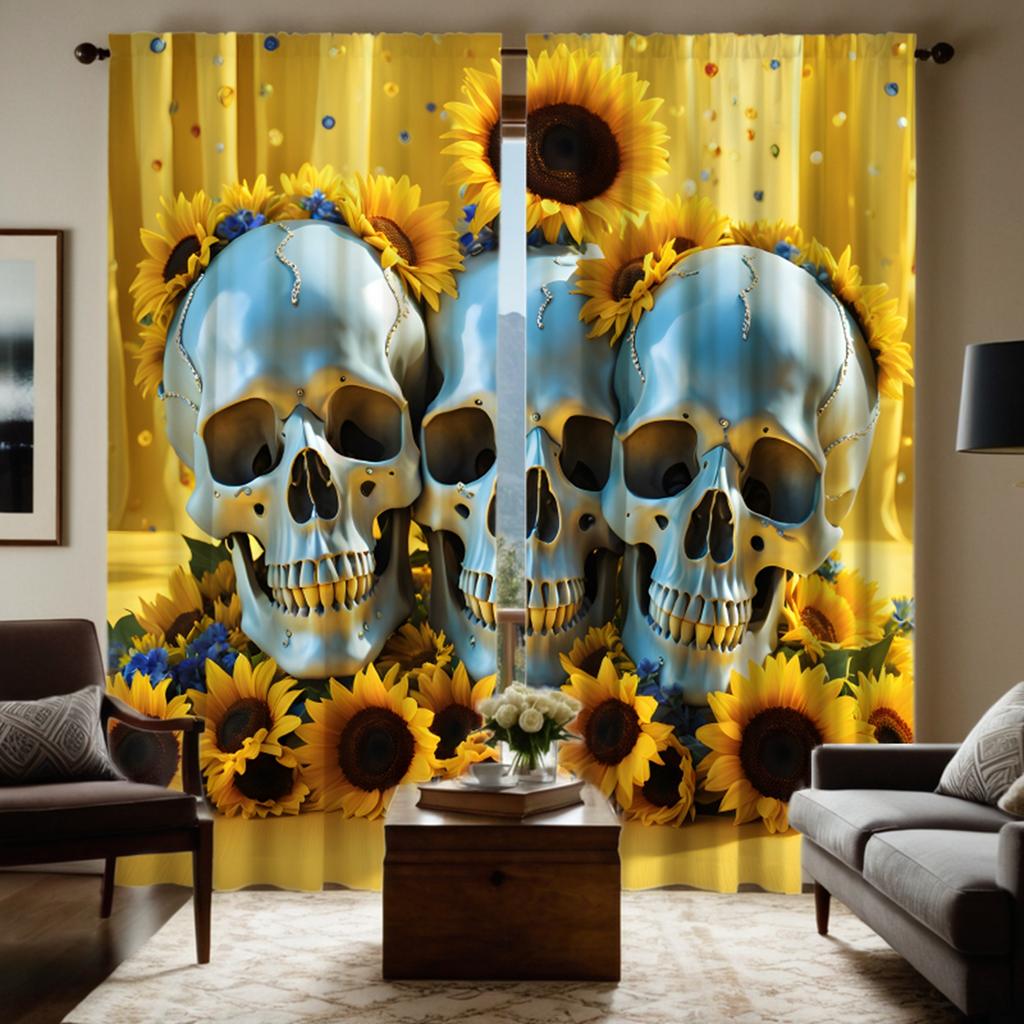 2pcs set HD Halloween Sunflowers surround Skull curtain Yellow tie digital printed curtain Home Decor style Decorate living r