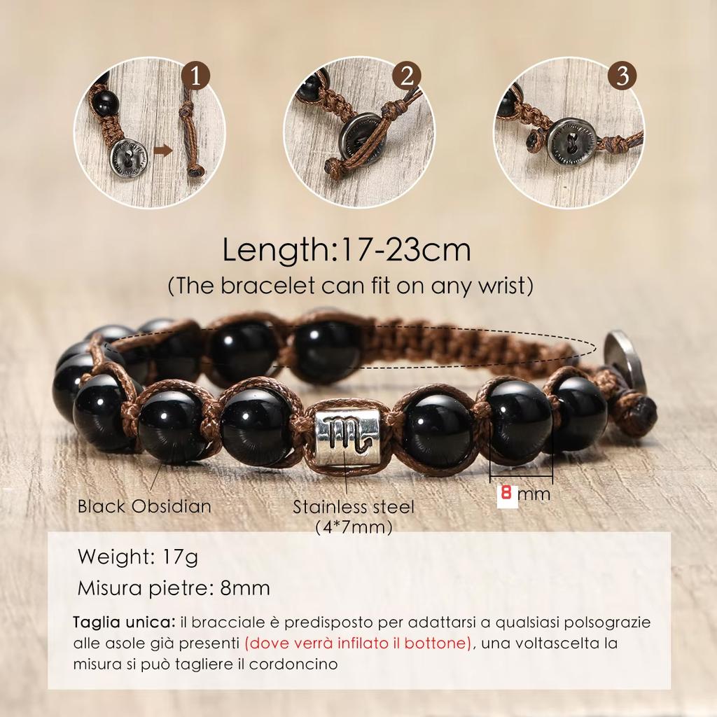12 Zodiac Natural Stone Obsidian Hand-Woven Bracelets Cancer Pisces Men's Bracelets Couples Friendship Jewelry Pulseras Hombre