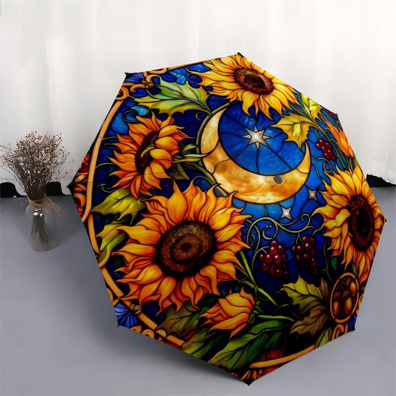 1pc Sunflowers, Moon, Stained Glass Umbrella with Plastic Handle,Compact & Stylish,Suitable for All Seasons YS331093