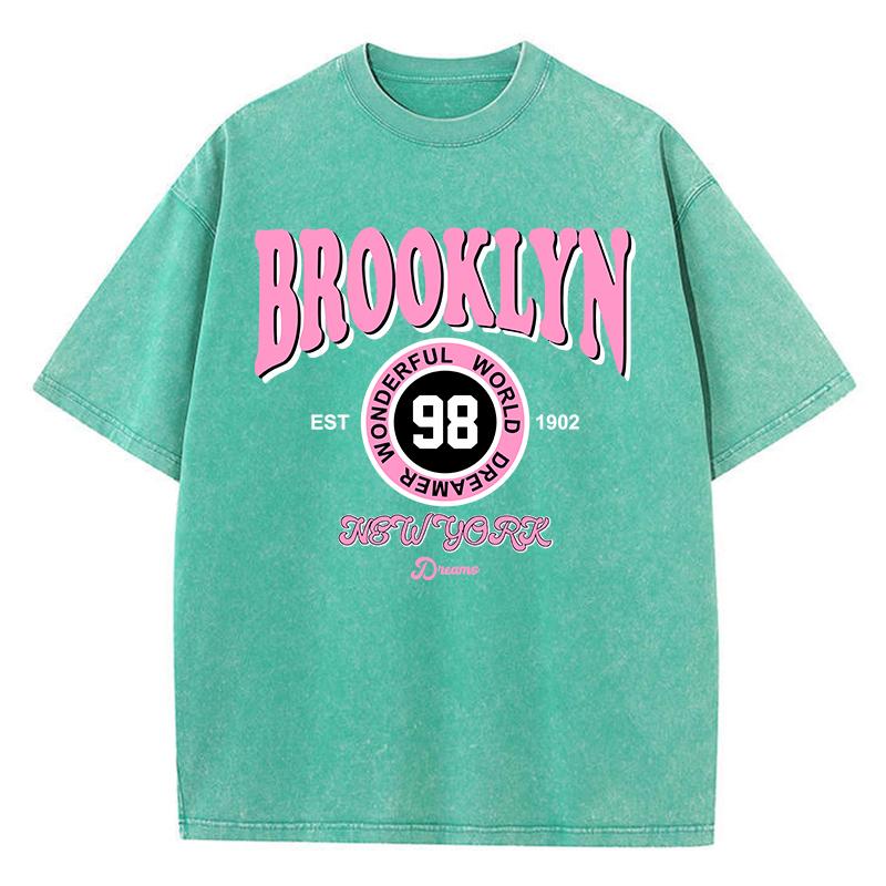 Camisetas Femininas Lavadas Brooklyn Wonderful World Dreamer Estampadas Algodão Oversize Gola Redonda Roupas de Rua