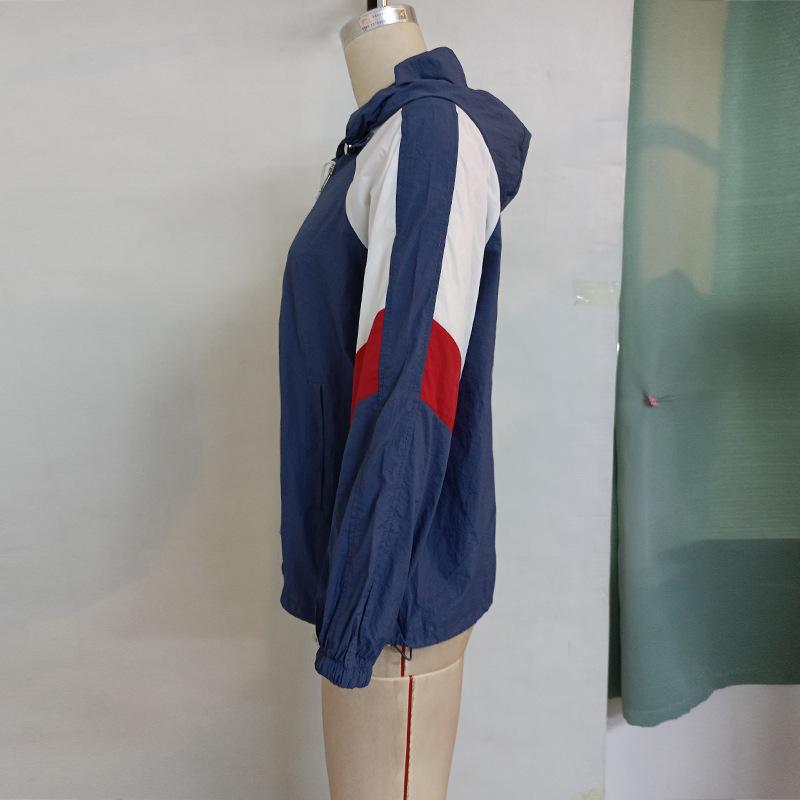 Autumn Women's Casual Colorblocking Splicing Lapel Long Sleeve Hooded Sun Protection Jacket