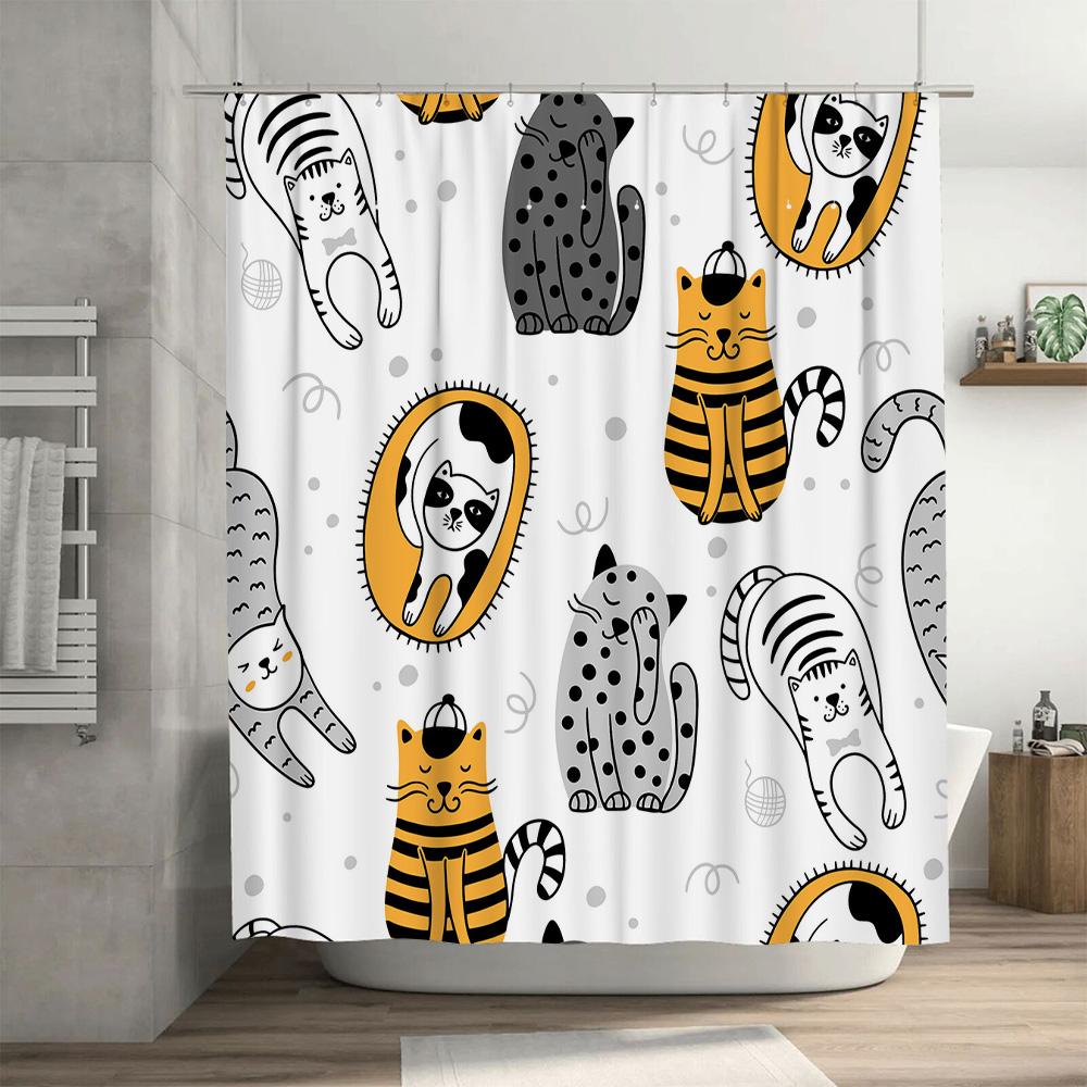 Modern Cartoon Print Shower Curtain Cute Cats Dogs Bath Decoration Set for Home Bathroom Decor in White Gray Yellow Black Stripe