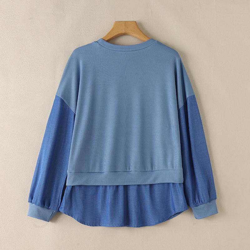 ZANZEA Women Casual O-neck Fake Two Piece Splice Long Sleeve Blouses