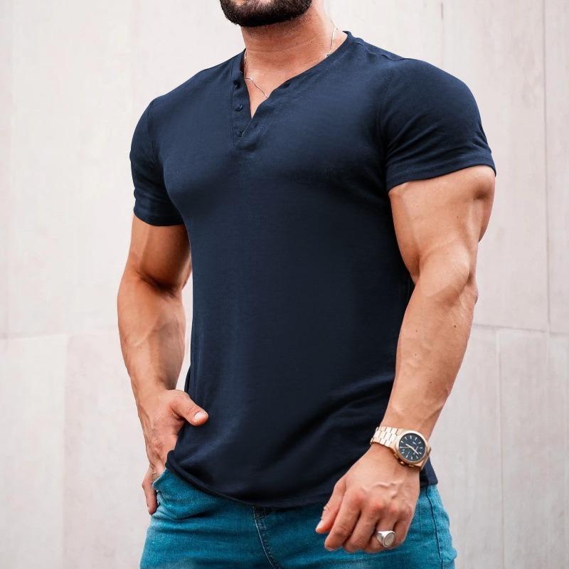 Mens Summer Casual Solid Short Sleeve Henley T Shirt
