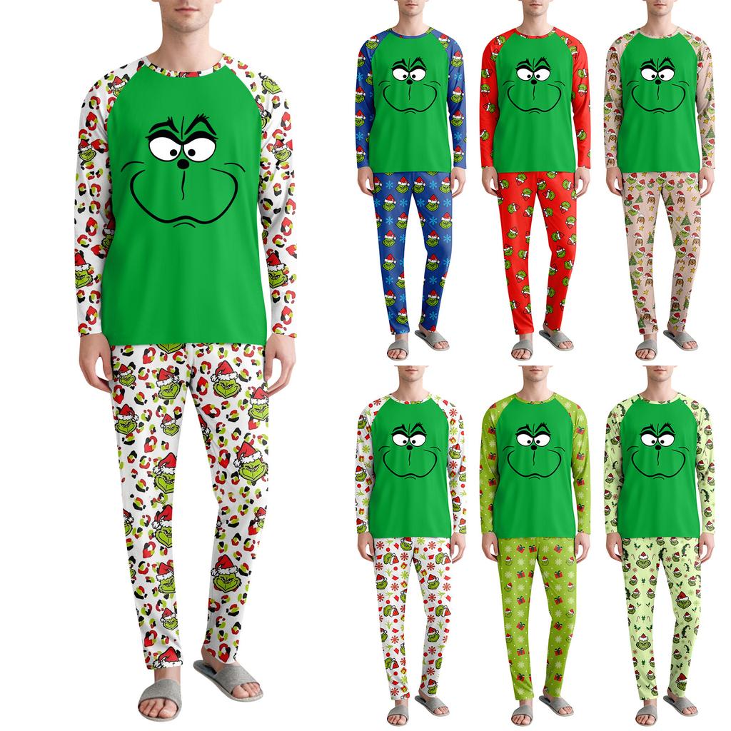 Men's Printed Round Neck Raglan Long Sleeve Casual Home Pajama Set