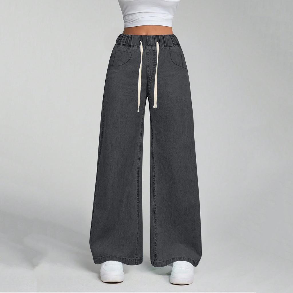 Women's High Waist Drawstring Large Straight Leg Loose Casual Trousers Jeans