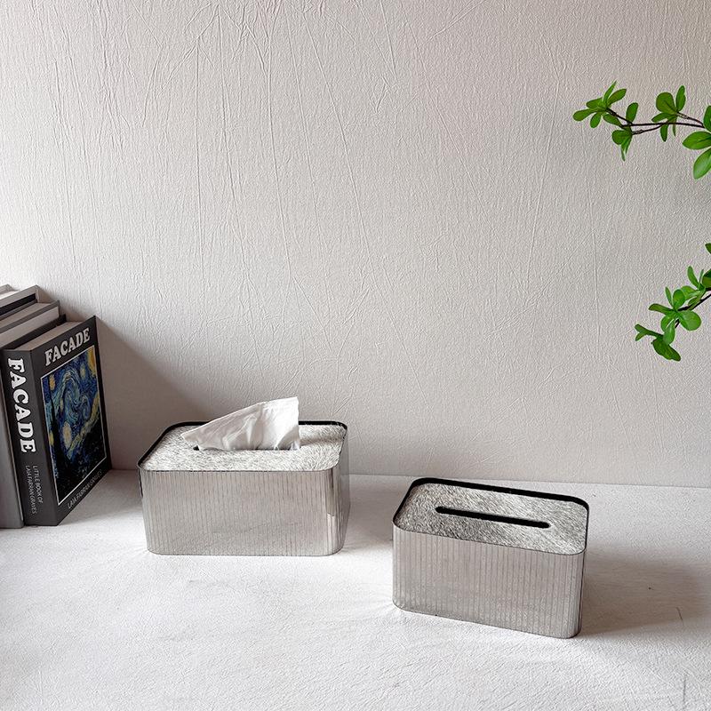 Modern Luxury Stainless Steel & Horsehair Tissue Box - Elegant Pull-Type Design for Living Room or Coffee Table Decor.