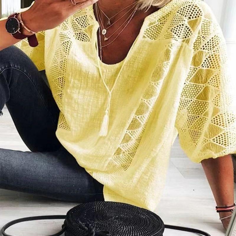 Spring Summer Women Solid Casual Top Shirt New Fashion Elegant Loose Black Office Holiday Lace Splicing Shirts Women Clothes