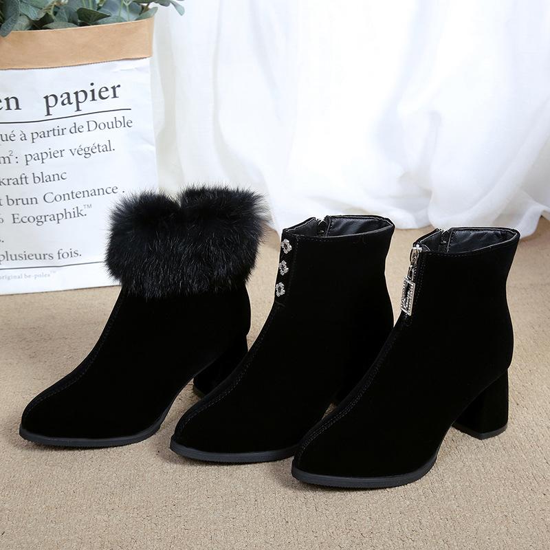 Autumn and winter high heel thick heel round head fashion boots women's metal decorative side zipper short women's boots