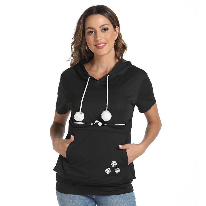 

Women s Fashionable Loose Large Pocket Pocket Summer Short-sleeved Hooded T-shirt S чёрный