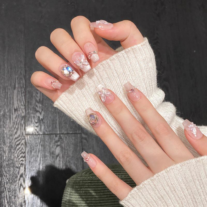 Summer Night Dream: Handcrafted Gel Blush Cat Eye Nails with 3D Butterfly & Ice Crystal Design, Detachable