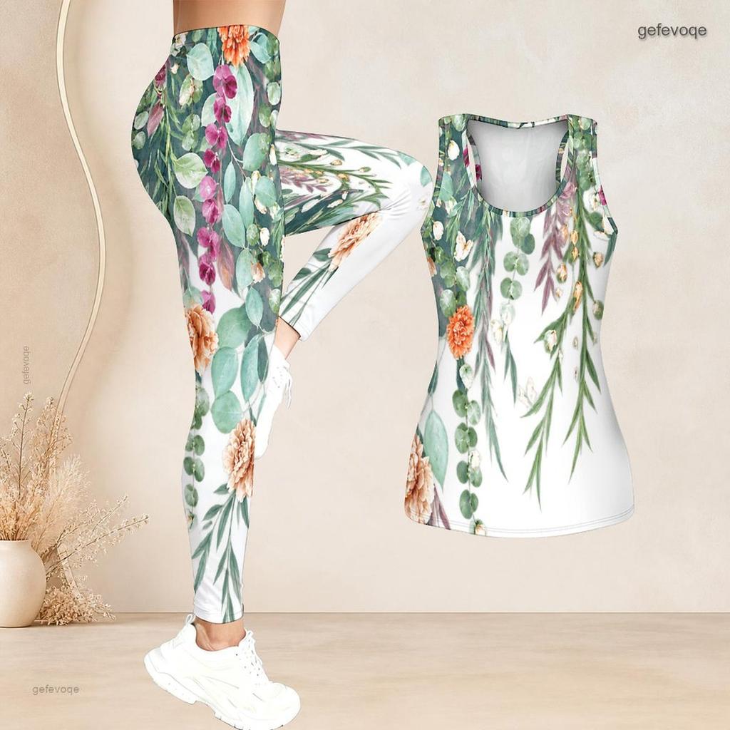 Women Plus Size Two Piece Set Scoop Neck Sleeveless Floral Printed Longline Tank Top Fitted Leggings