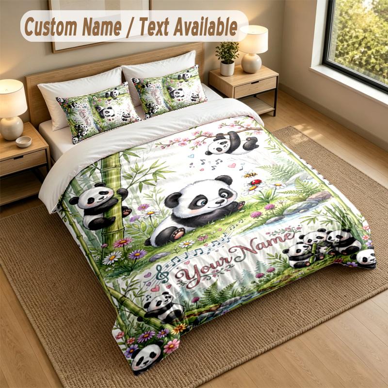 Bear Panda Theme Personalized 3Pcs Bedding Set Custom Text & Name 1 Sheet 2 Pillowcases Household Bedding 1pc
