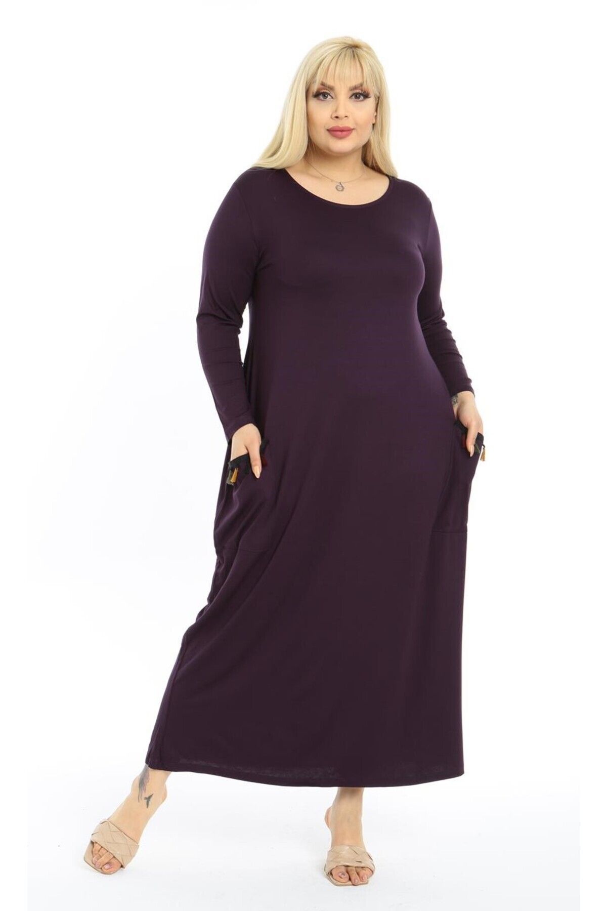 

Женское платье большого размера фиолетовое длинное платье больших размеров с кисточками и воздушным карманом