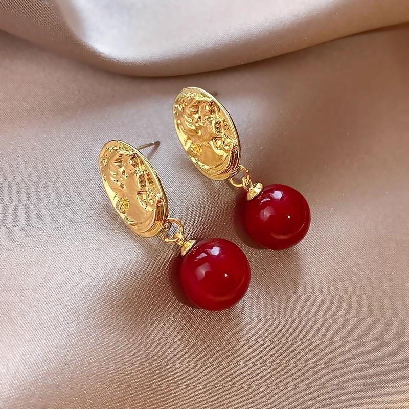 Angkor Red Sphere Retro Stud Earrings - Unique Women's Design