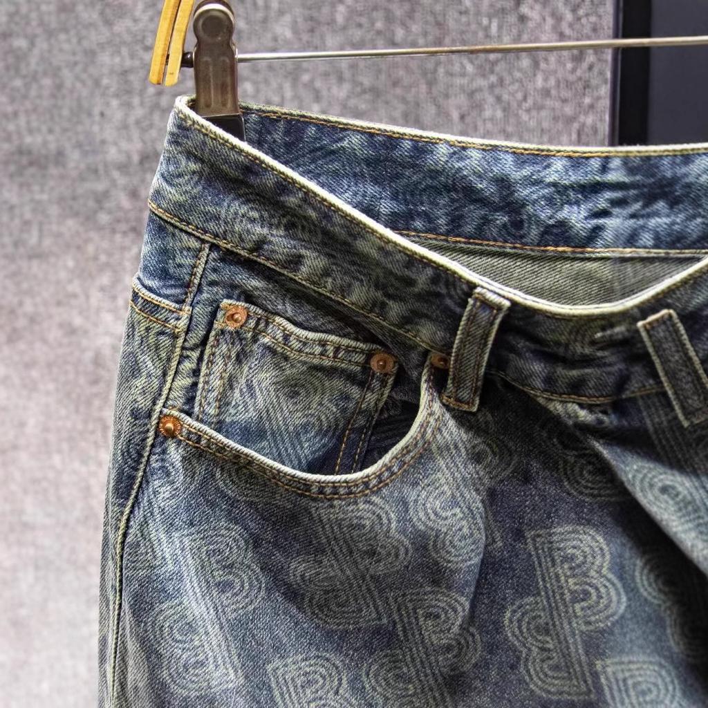 JYL Mens Jeans High Street Lightning Cropped Straight Wide Leg Denim