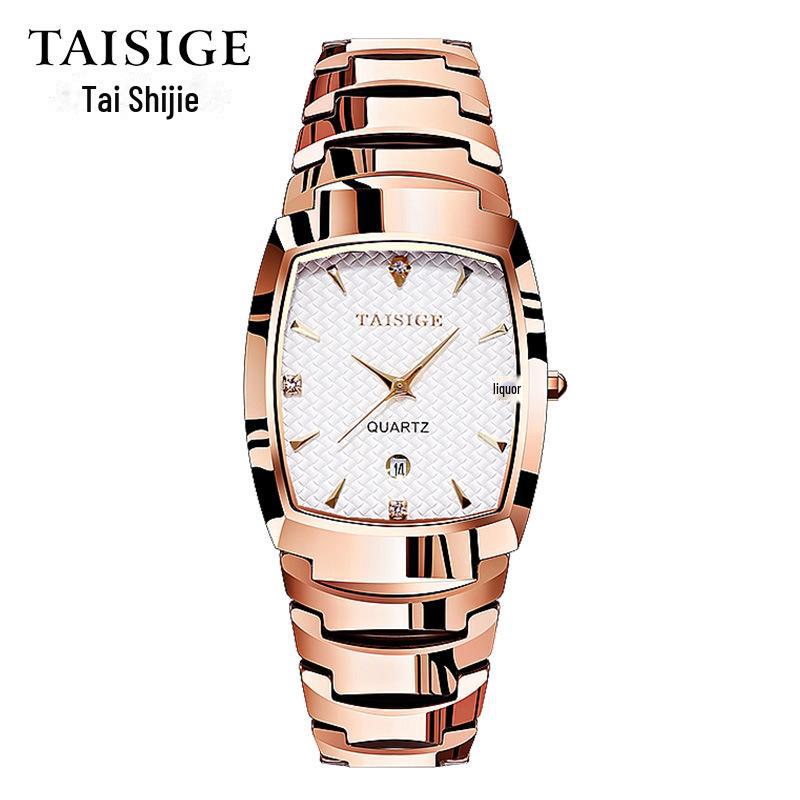 TAISIGE Men's Black Steel Quartz Watch with Square Grid Dial and Calendar