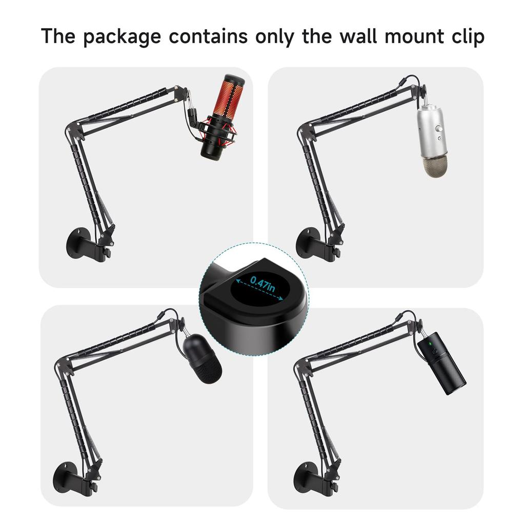 YOUSHARES Wall Mount Boom Arm Microphone Holder Vertical Mount Free Rotation Metal Clip Space-Saving Desk Accessory