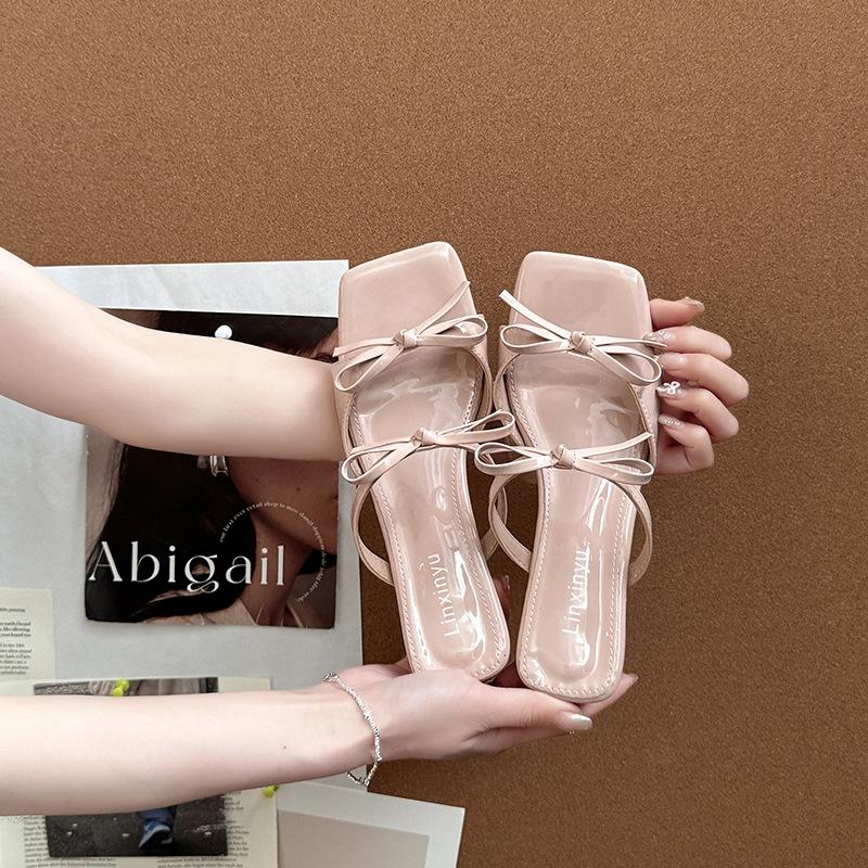 Stylish and simple versatile bow with cool slippers women's 2025 summer versatile skirt open-toed cool slippers