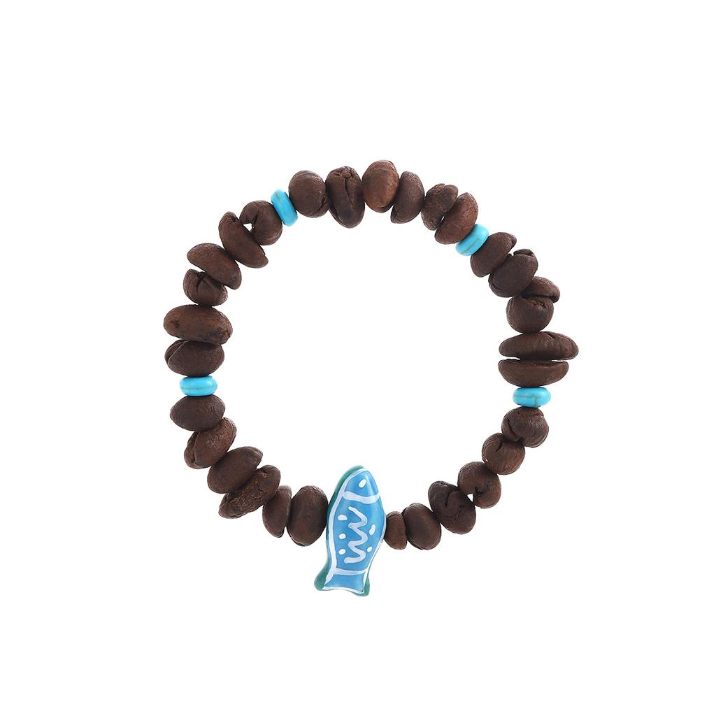 Coffee Bean Beaded Blue Fish Bracelet, Zen Creative Design Sense, Personalized Temperament Bracelet.