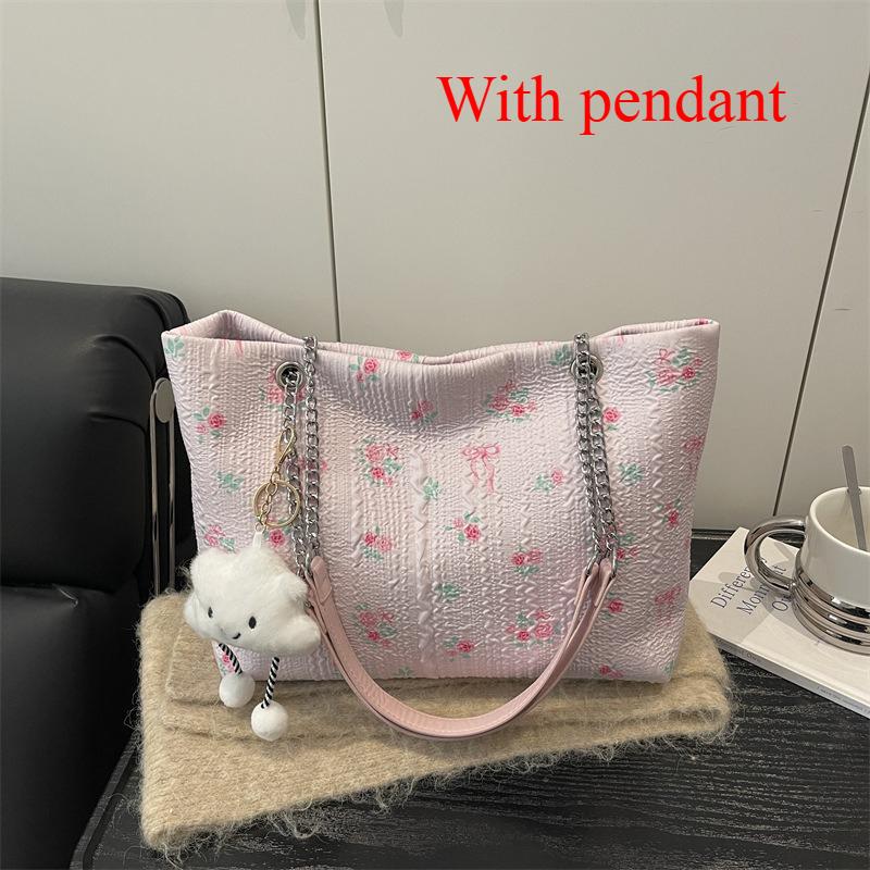 Sweet Bow Floral Shoulder Bag for Women Large Capacity Tote Crossbody Bag College Students Handbag