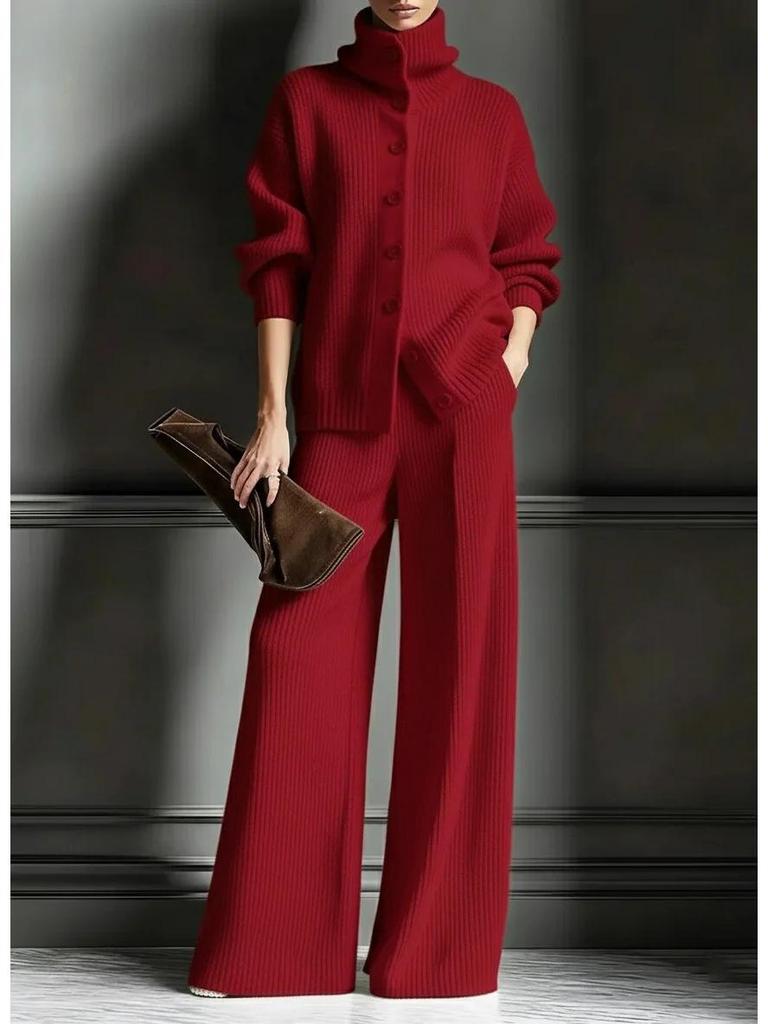 High Collar Solid Color Knit Cardigan & Wide Leg Pants 2-Piece Set - Autumn/Winter Collection