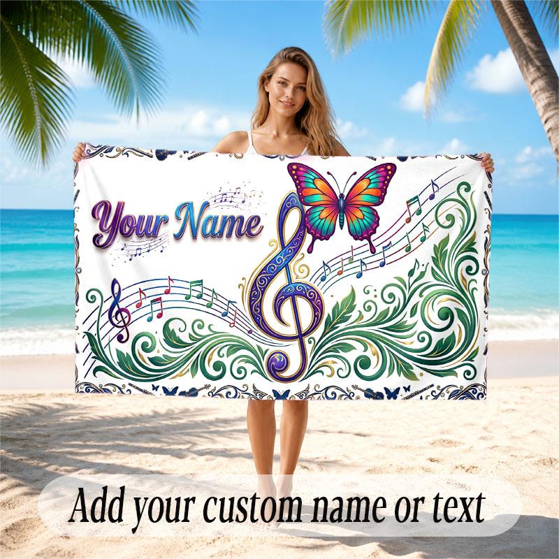 Music General Theme Beach Towel Personalized Custom Name & Text Soft Quick Dry Beach Towel for Swimming Travel