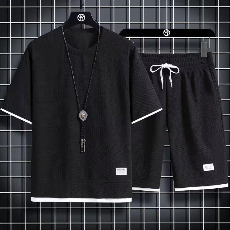Men's Korean-Style Waffle Summer Casual Shorts and T-Shirt Set