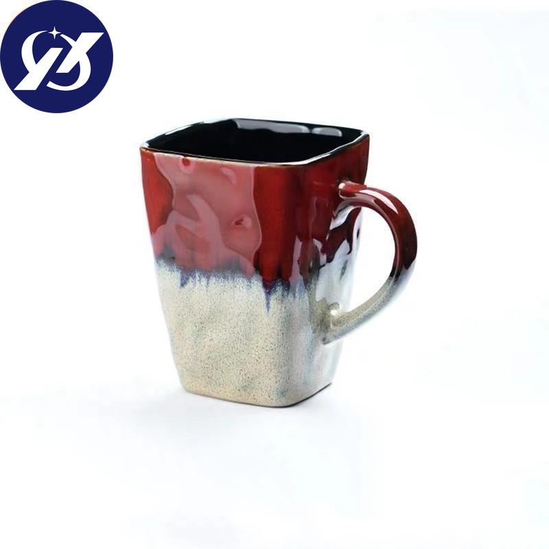 Creative Flow Glaze Square Coffee Mug With Spoon and Lid Retro Tea Cup Simple Household Matte Color Ceramic Milk Water Cup Gift