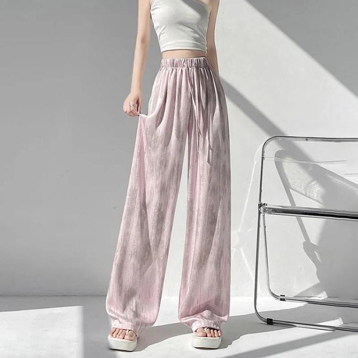 Summer thin ice silk satin ink painting tie-dye wide-leg pants women's loose casual drape high waist thin pants ins