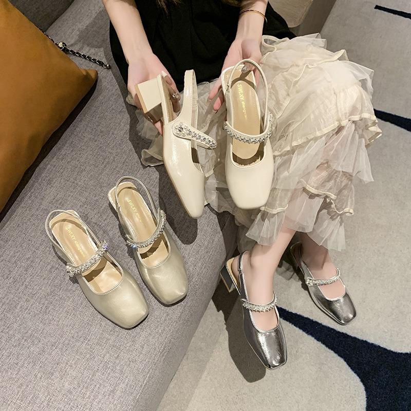 Thick Heel Mary Jane Bag Head Sandals Women's Summer New Rhinestone One-word Square Head Light Mouth Single Shoes
