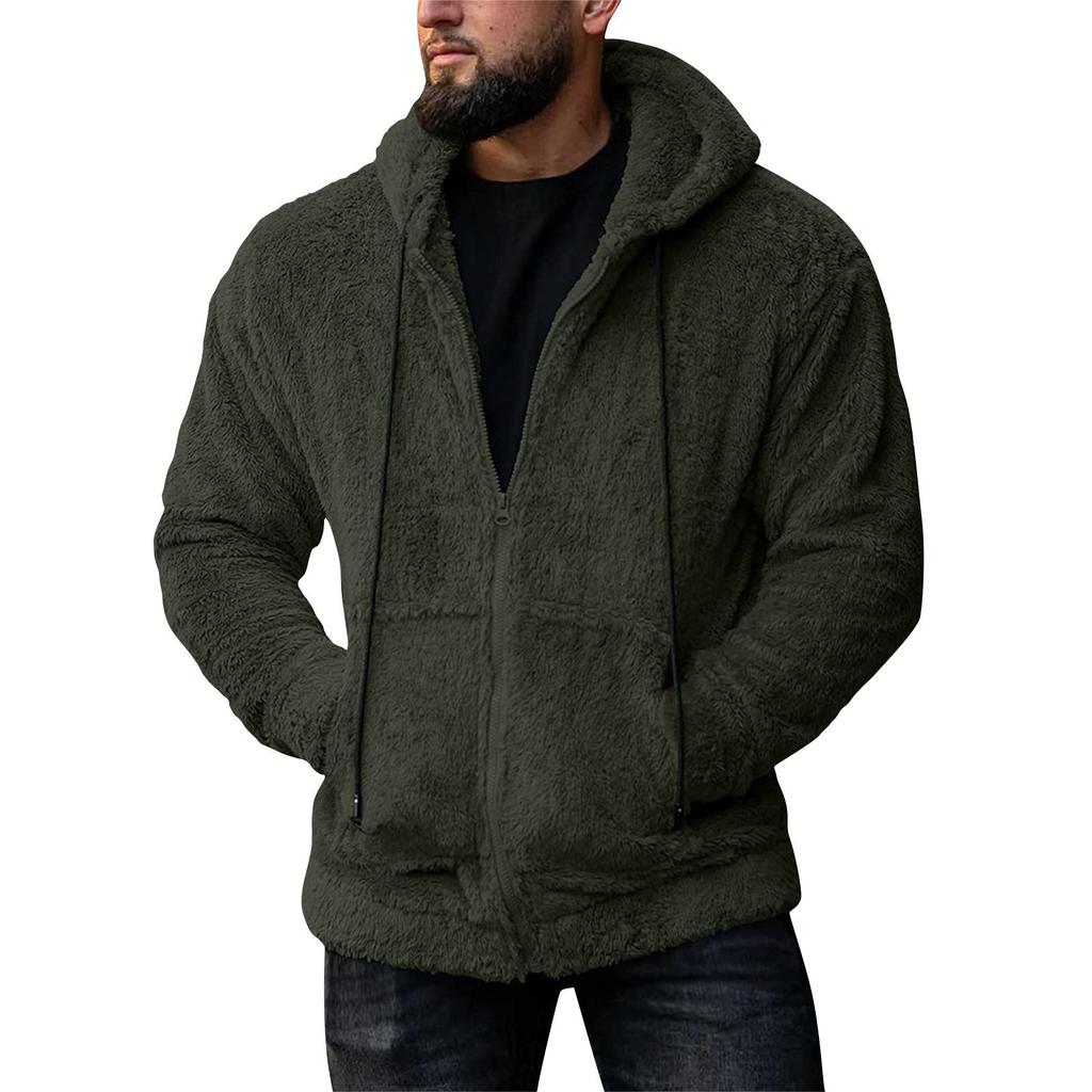 Fall Winter Men'S Hoody Coat Double Sided Plush Casual Loose Thermal Hooded Jackets Solid Color Zipper Pocket Jackets